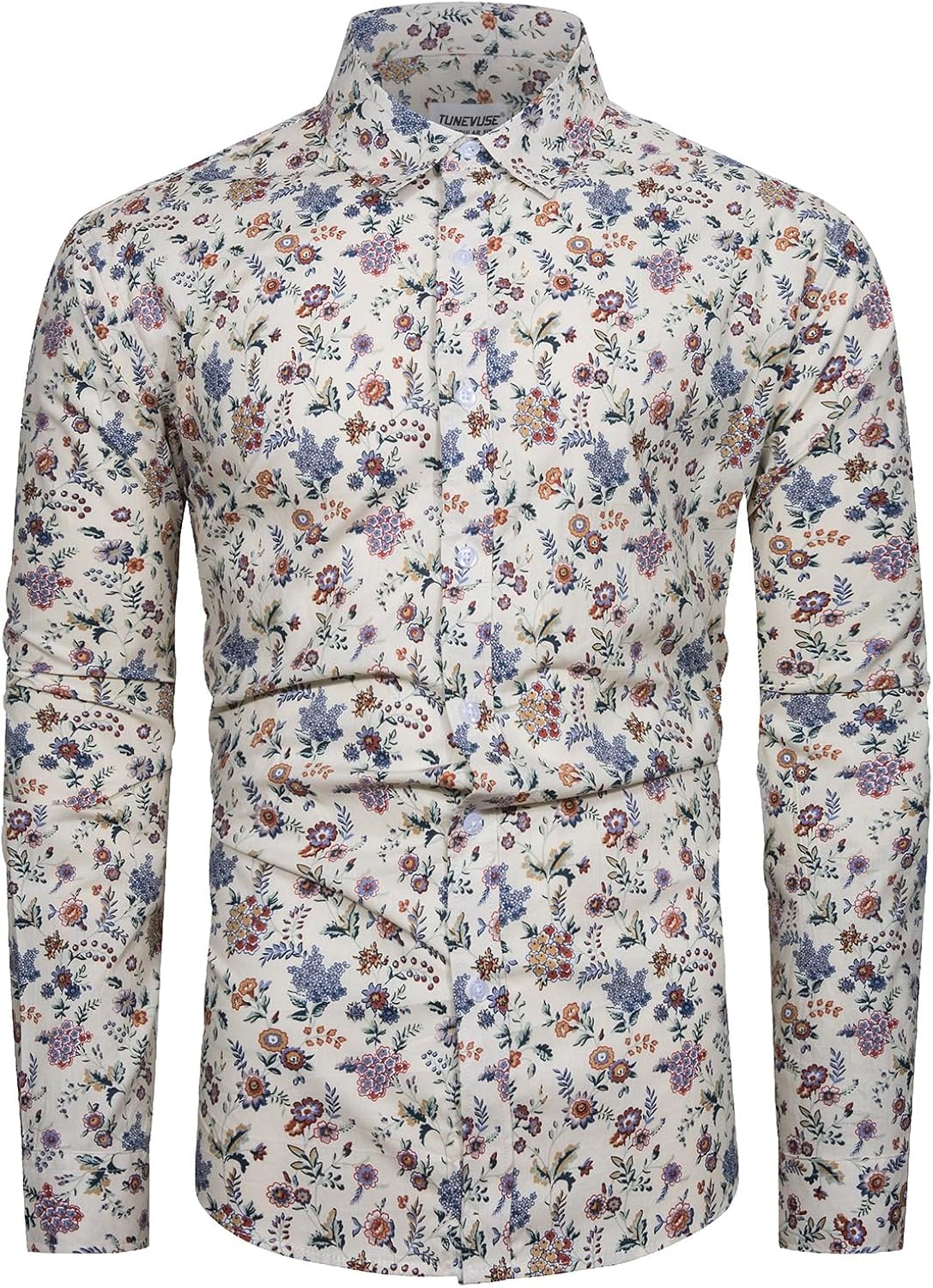 Mens Long Sleeve Floral Dress Shirt Flowered Pattern Print Button Down Shirts Cotton