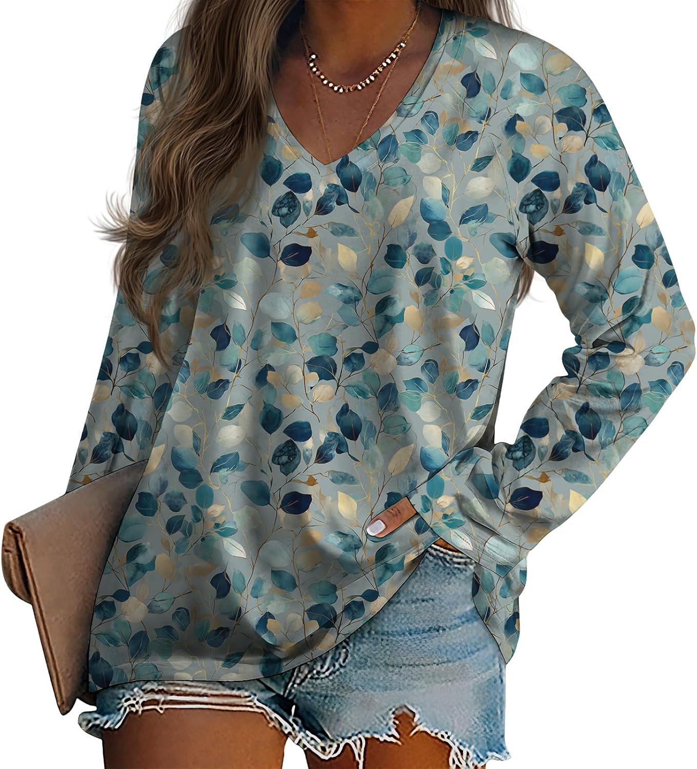 Womens Maple Leaves Printed T Shirts Graphic V Neck Long Sleeve Tops Casual Fall Outfits for Women 2025 Loose Tunic