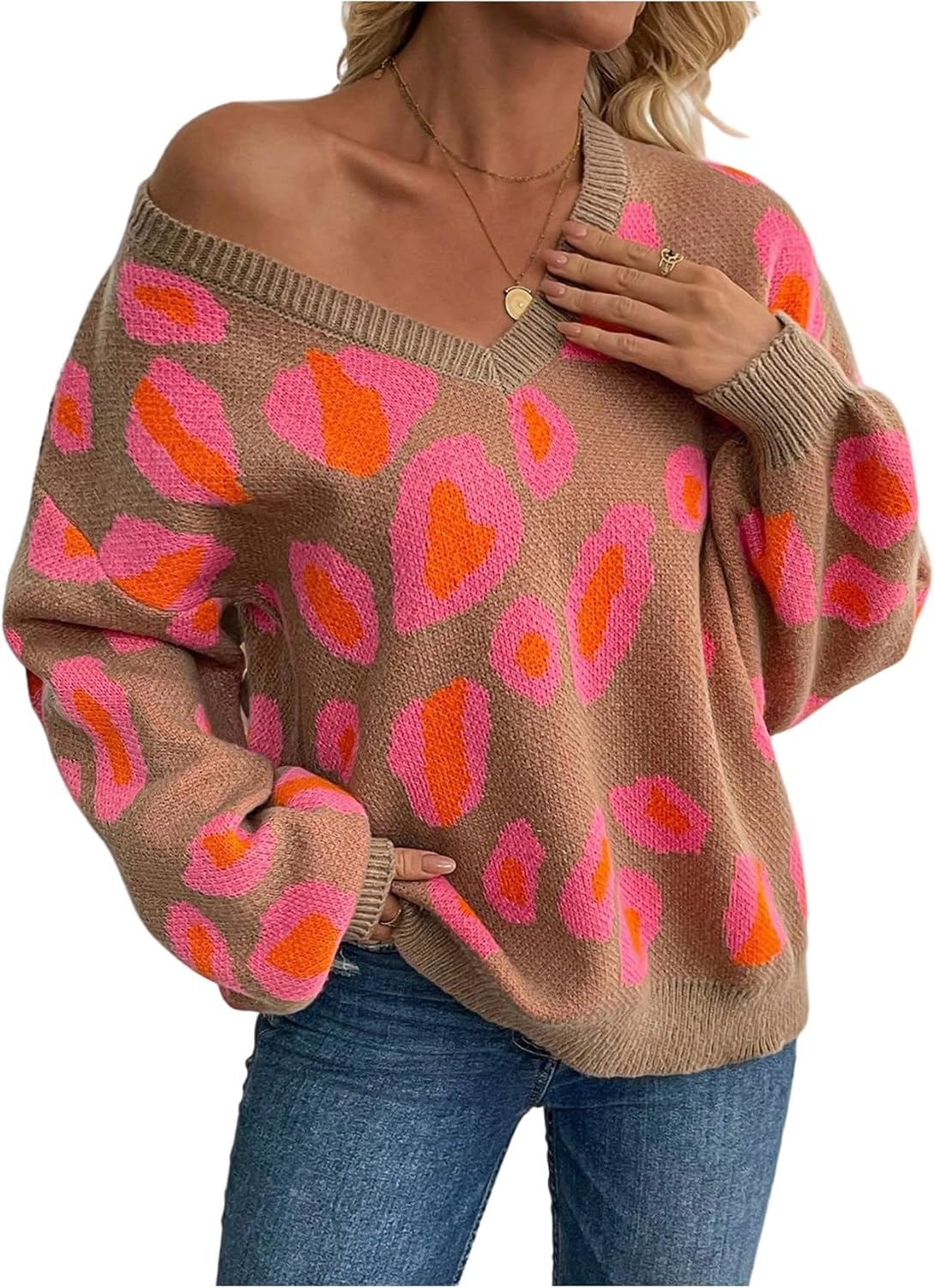 Women's Leopard Print Knit Sweater V Neck Long Sleeve Tops Casual Pullover Fall Outfit