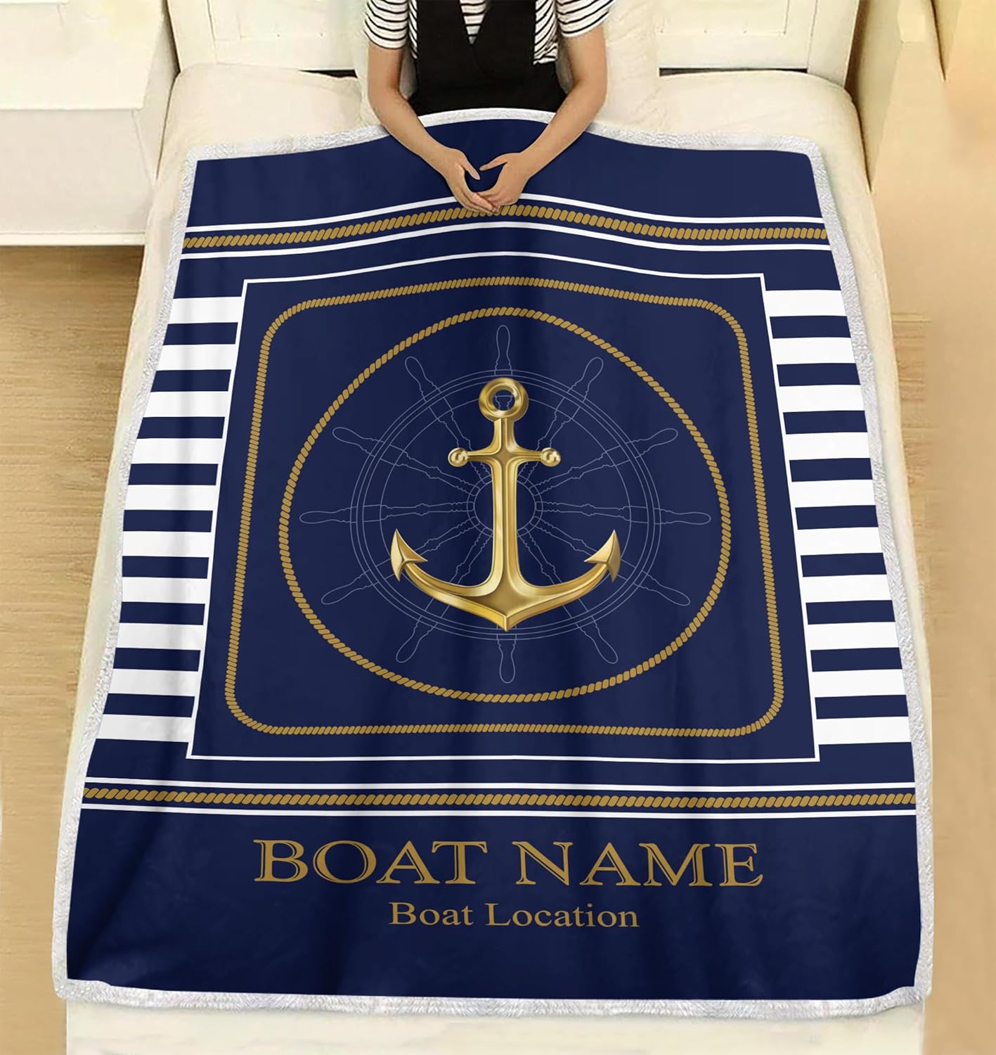 Personalized Boat Blanket for Owners - Custom Nautical Anchor Throw Boat Name, Welcome Aboard Soft Fleece Plush Sherpa, Ideal Boating Gift, Durable Yacht Bedding Cabin Decor Marina Lake House Life