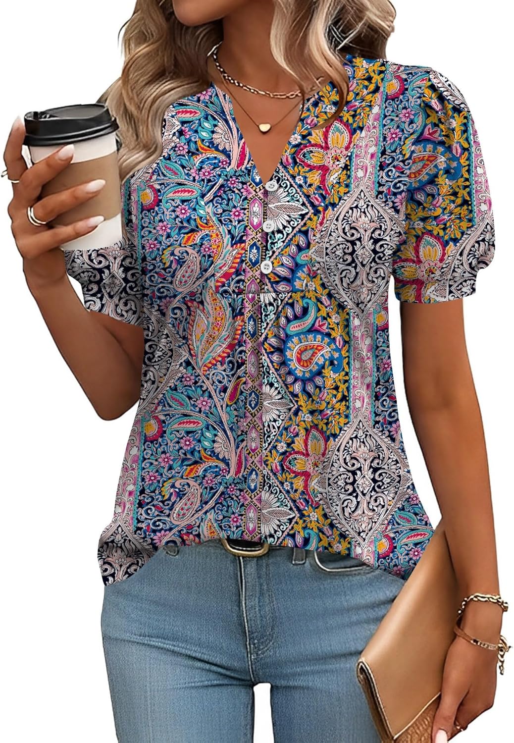 Womens Tops Puff Short Sleeve Shirts Dressy Casual Henley V-Neck Summer Tops Pleated T-Shirts Loose Fit Tunic Blouses