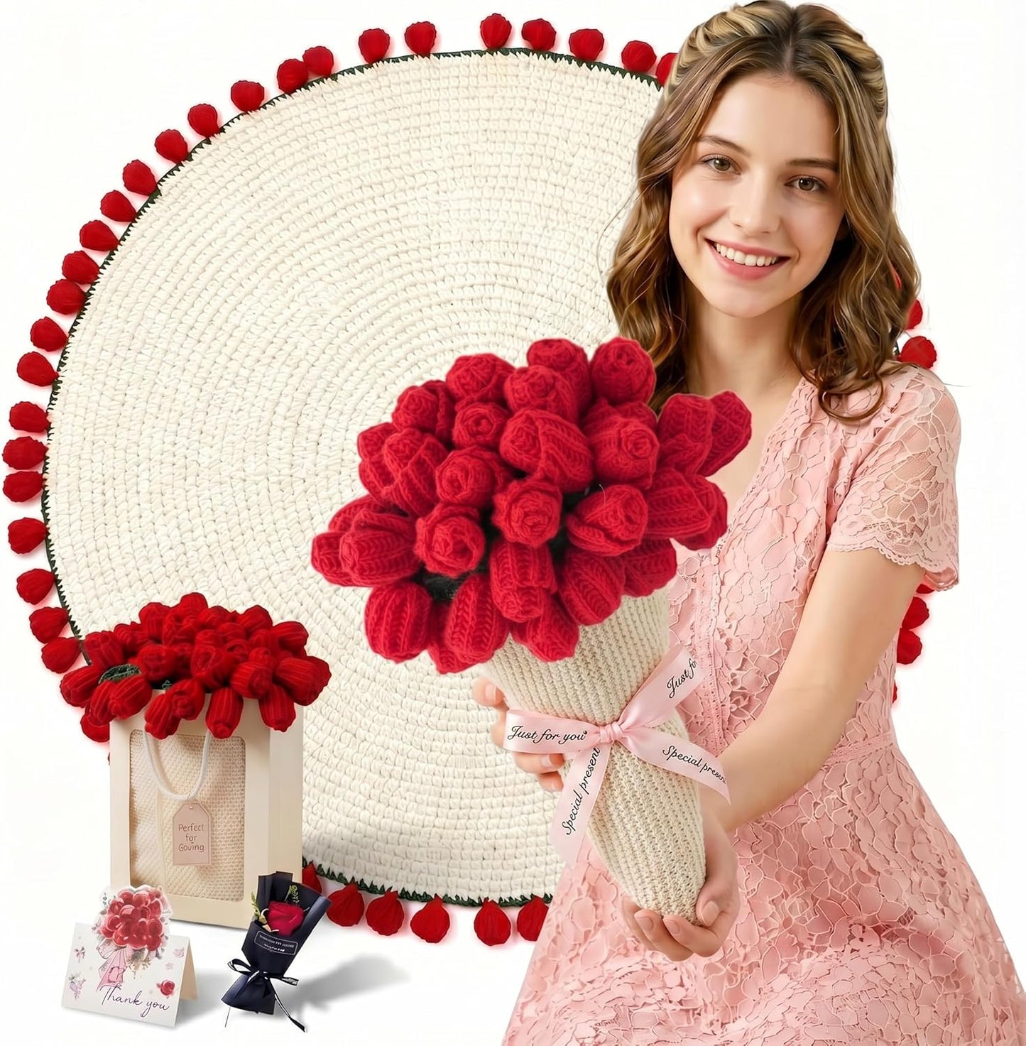 Flower Bouquet Blanket,Crochet Flower Bouquet Blanket Handmade, for Mother's Day, Valentine's Day, Birthday, Mom Grandma Home Sofa Decor (Finished Product) (Red, Small(31X31inches))