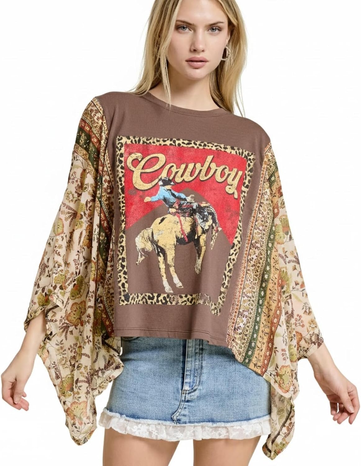 Women’s Western Graphic Top – Flowy Poncho Fit, Cowboy Print, Floral Sleeve, Oversized Tee
