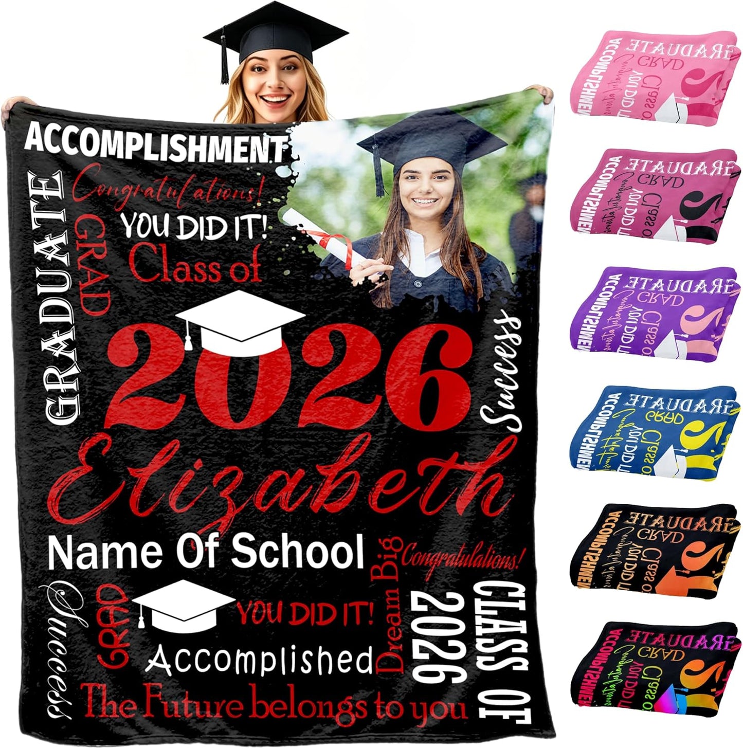 MyPupSocks Custom Graduation Blanket with Photo Name for Class of 2026, Personalized Throw Blanket for Daughter Son Granddaughter Grandson, Congratulations Gift, Black Red