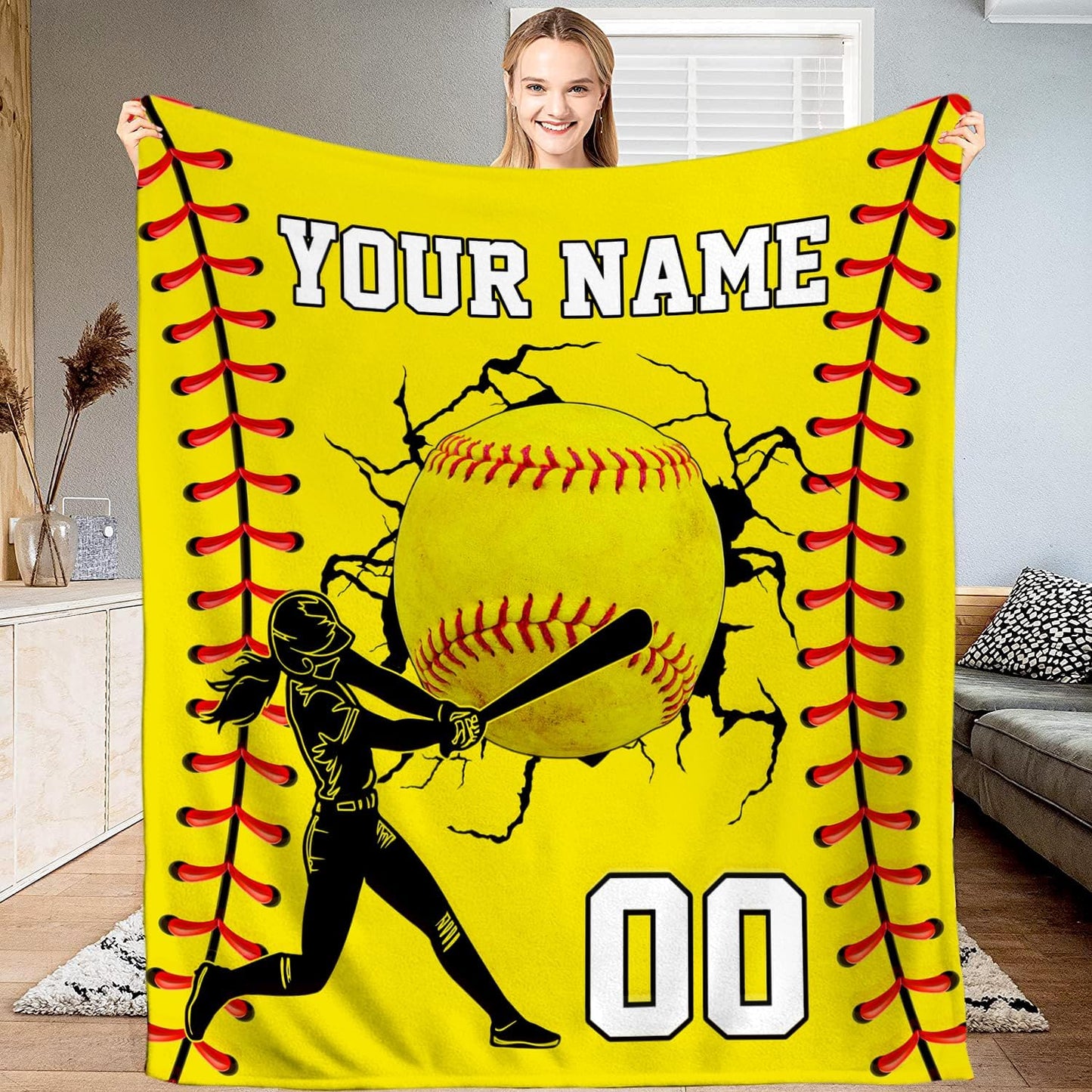 Personalized Softball Blanket with Name & Number – Custom Softball Throw Blanket for Players, Teams & Fans, Ultra-Soft Fluffy Fleece, Sports Gift (Softball Girl)
