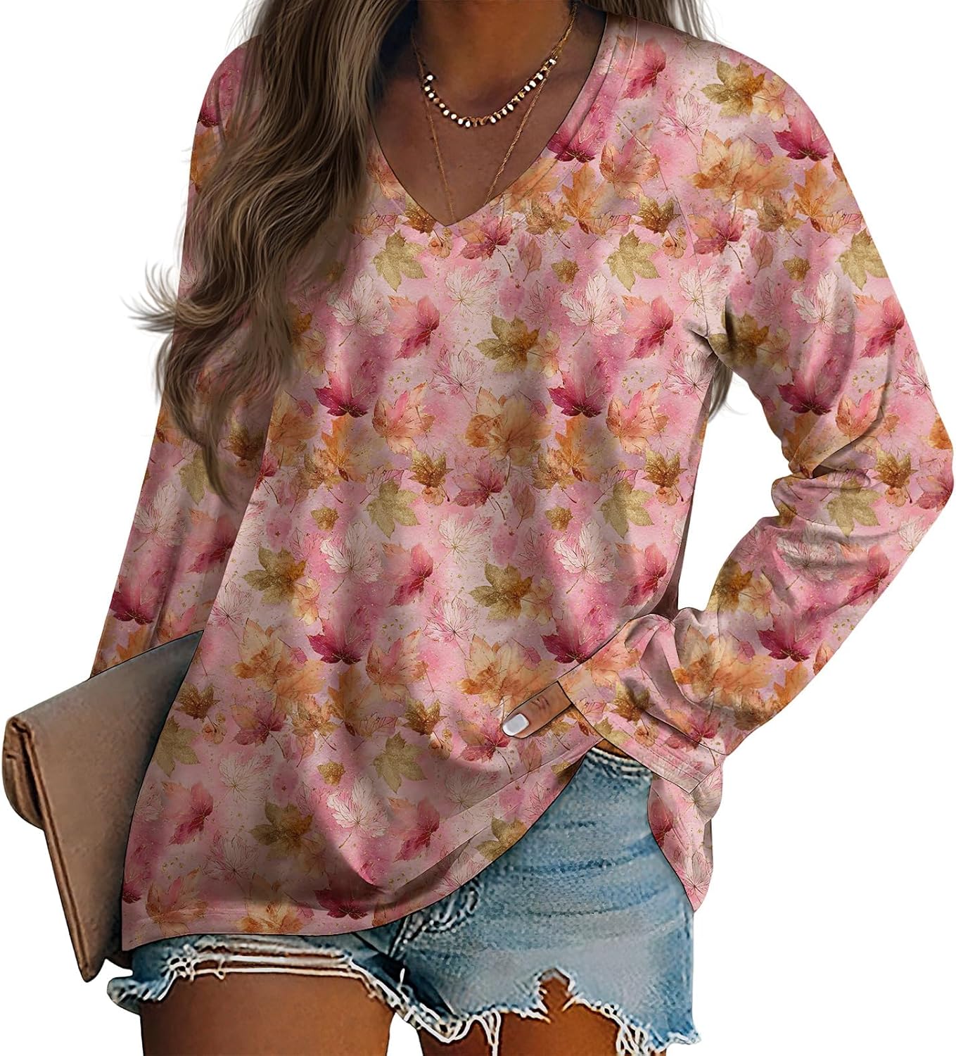Maple Leaf Printed T Shirts for Women Casual V Neck Long Sleeve Shirts Loose Fall Fashion Leaves Graphic Pullover Tops