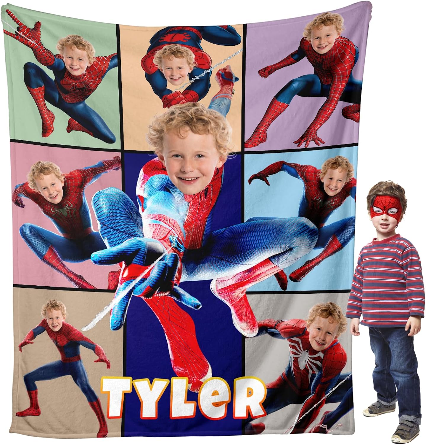 Custom Super Hero Blanket for Kids 8-in-1 Spider Poses Blanket with Face & Name Personalized Superhero Photo Blankets for Christmas Birthday Gift for Kids Boys Fans Superhero Lover