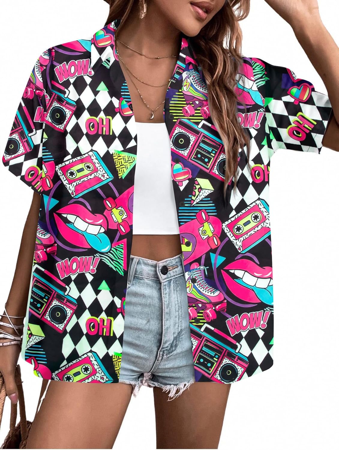 80s 90s Outfits for Women Retro 80's Disco Party Shirt Button Down Short Sleeve Tshirt 90's Blouse Hawaiian Tops