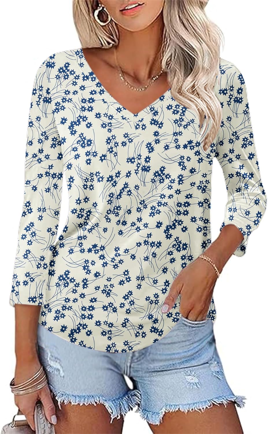 Women's V Neck T Shirts 3/4 Sleeve Blouse Summer Tops Dressy Casual Solid Basic Tees