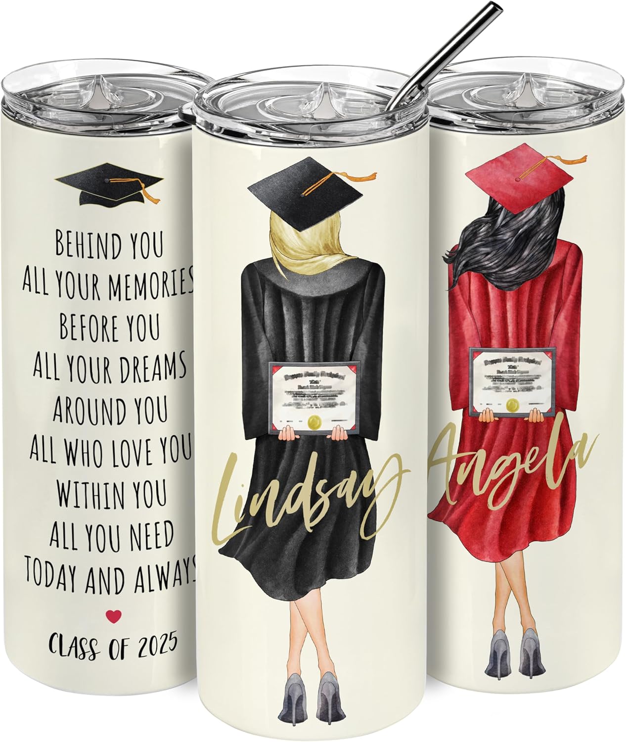 Personalized Graduation Skinny Tumbler for Graduate - Choose Your Hair Style, Hood and Skin Color - Custom Graduation Cup w/Name & Text, High School, College, Class of 2026
