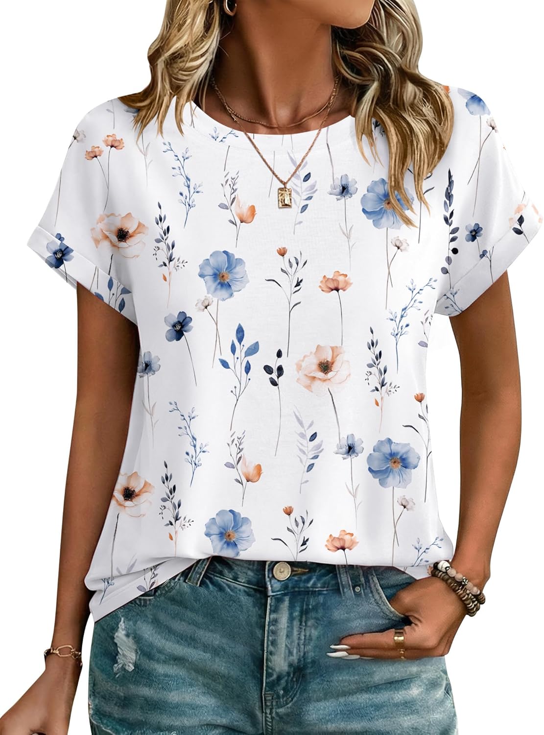Womens Tops Short Sleeve Cute Summer Blouses Crew Neck Dressy Casual T Shirts Work Clothes S-2XL