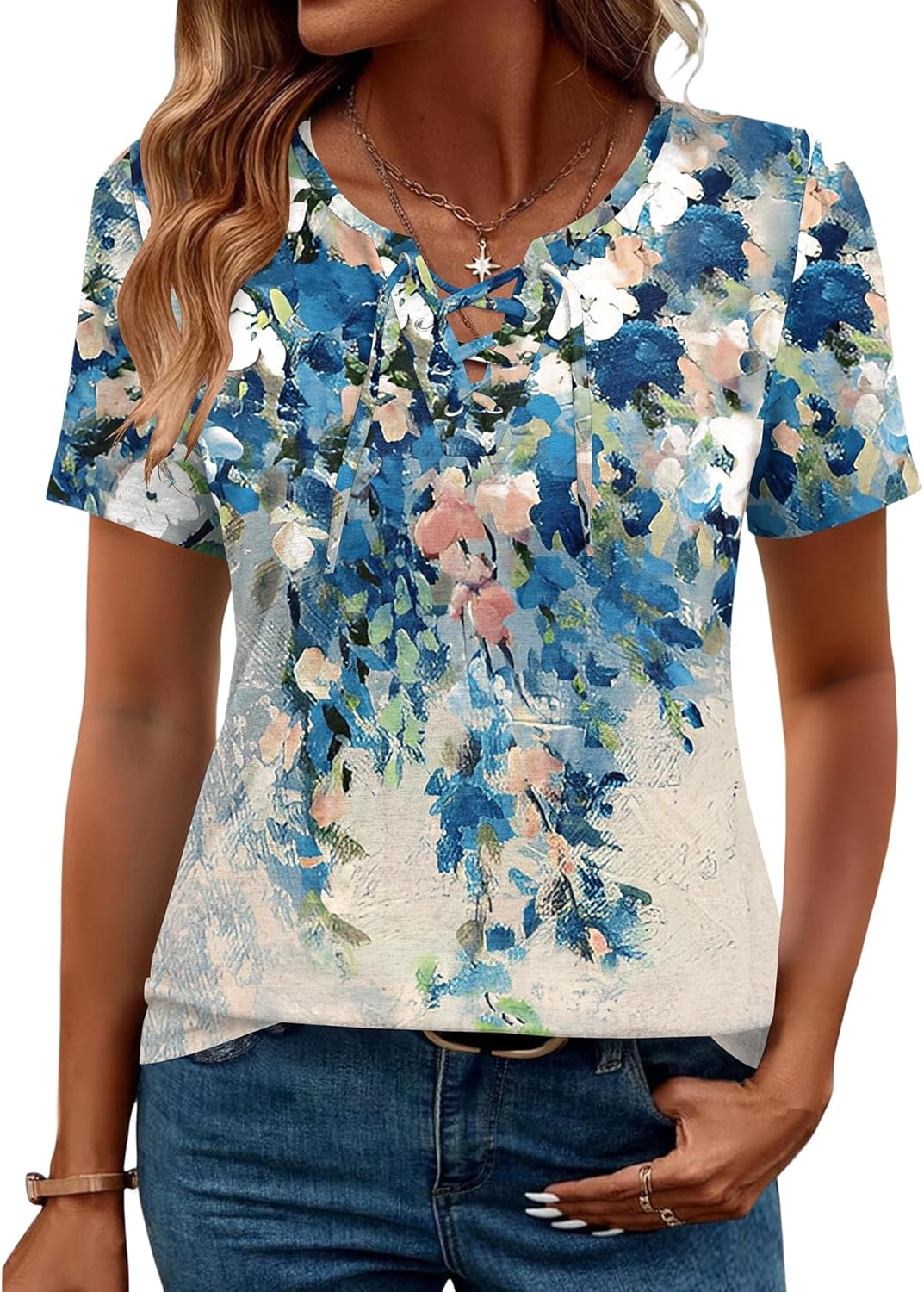 Womens Criss Cross Short Sleeve T-Shirts V-Neck Floral Summer Blouse Tops