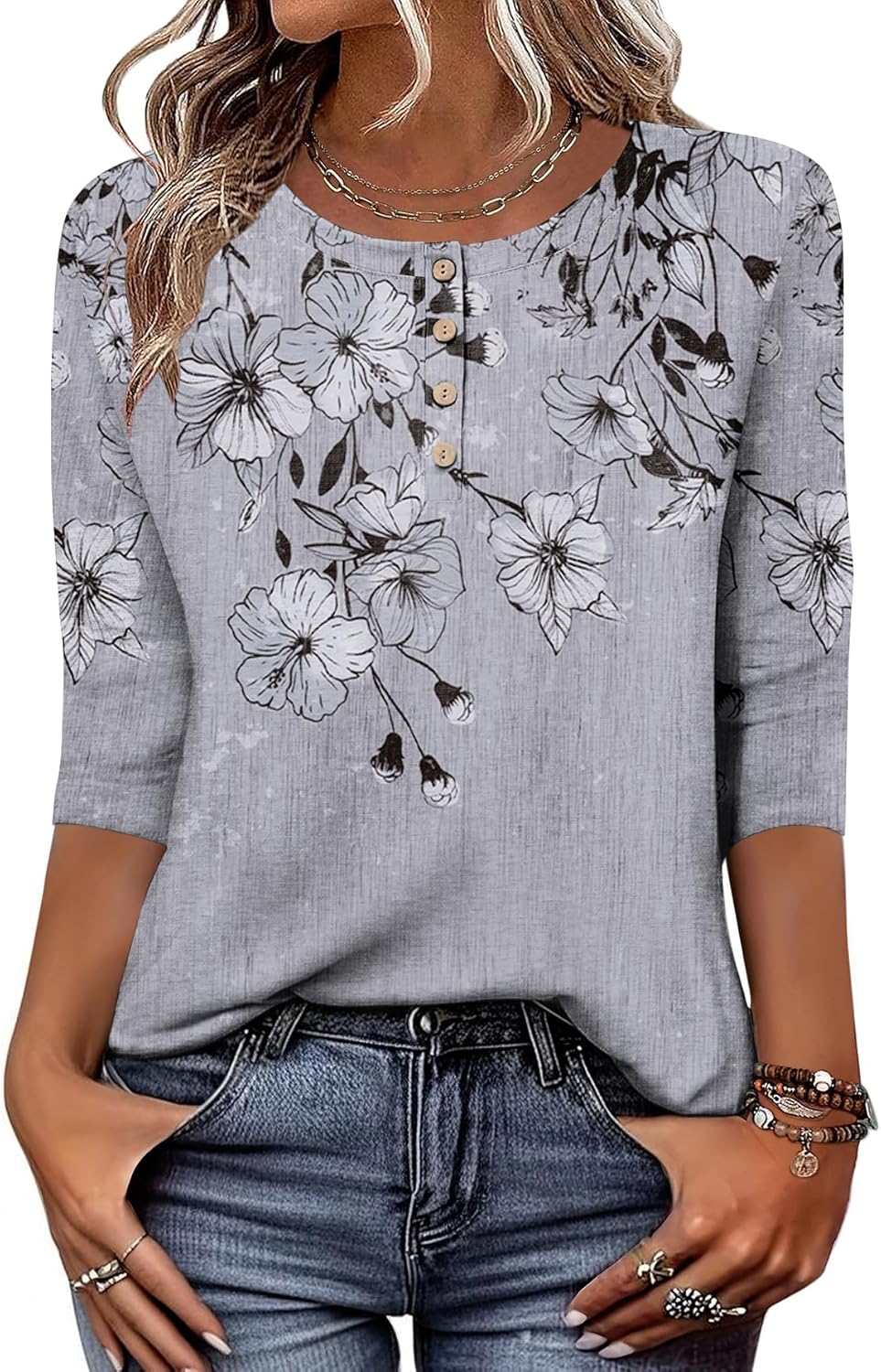 3/4 Length Sleeve Women Tops Crew Neck Blouses Dressy Casual Summer T Shirts Loose Fit Business Work Clothes