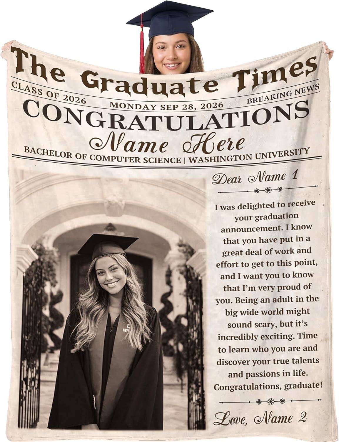 KiKiLuna Personalized Graduation Photo Flannel Throw Blanket, Custom Name Date School and Class Year Blanket, Graduation Gift for Senior College Student Class of 2026