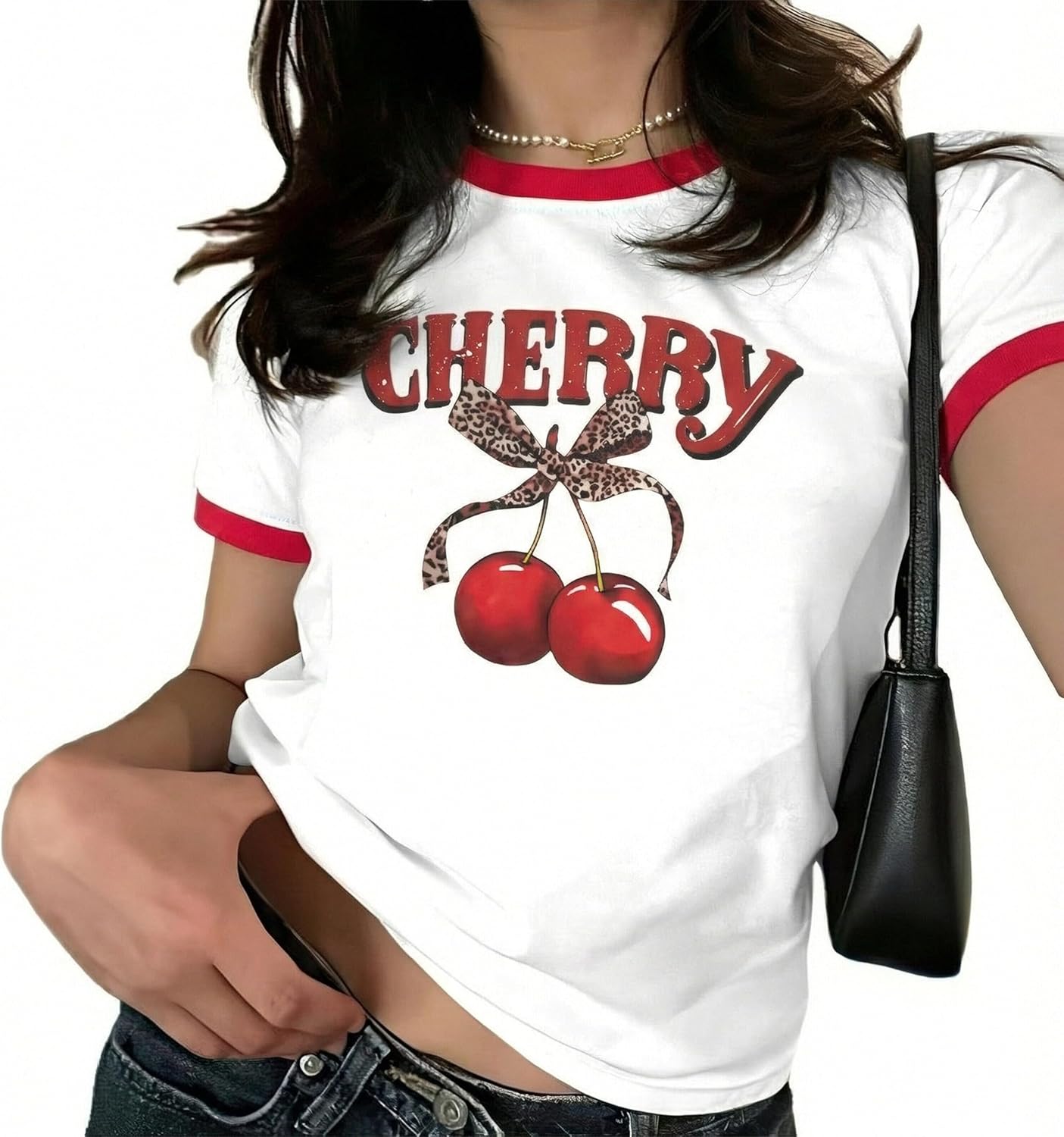 Pink Bow Cherries Shirt Women Coquette Tops Clean Girl Aesthetic Shirts Casual Retro Short Sleeve Tshirt Crop Top