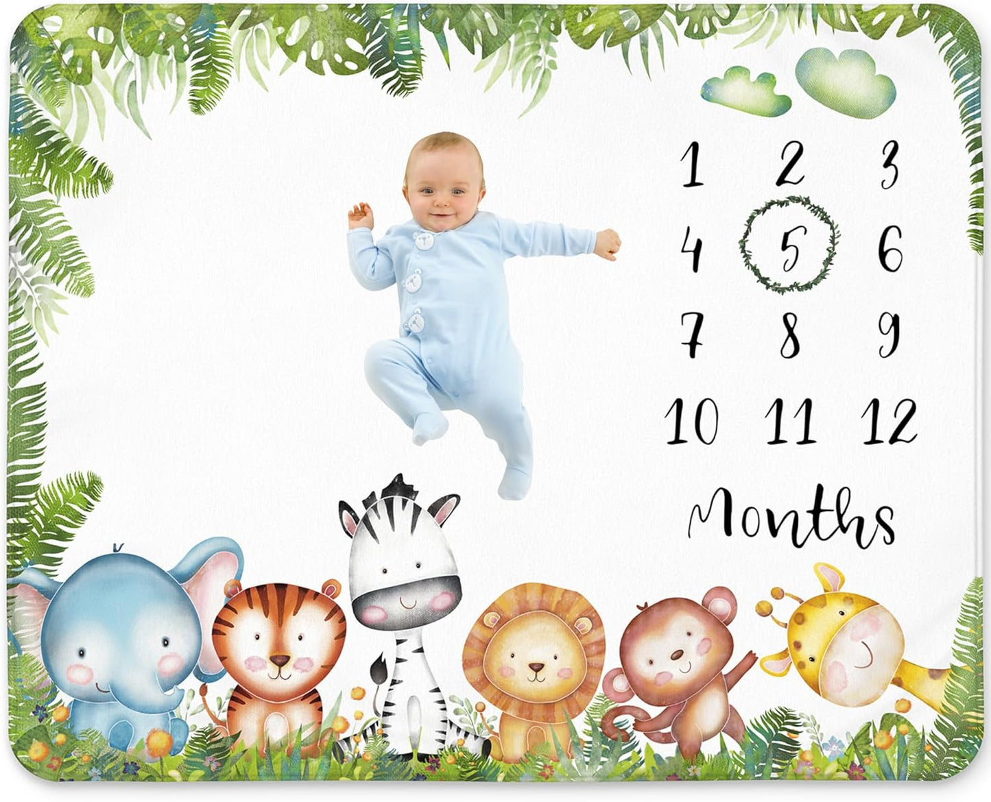 Safari Milestone Blanket for Boy – Jungle Animals Theme, Monthly Tracker with Wreath, Soft Fleece 50x40, Newborn Photo Prop, Cute Nursery Decor for New Moms