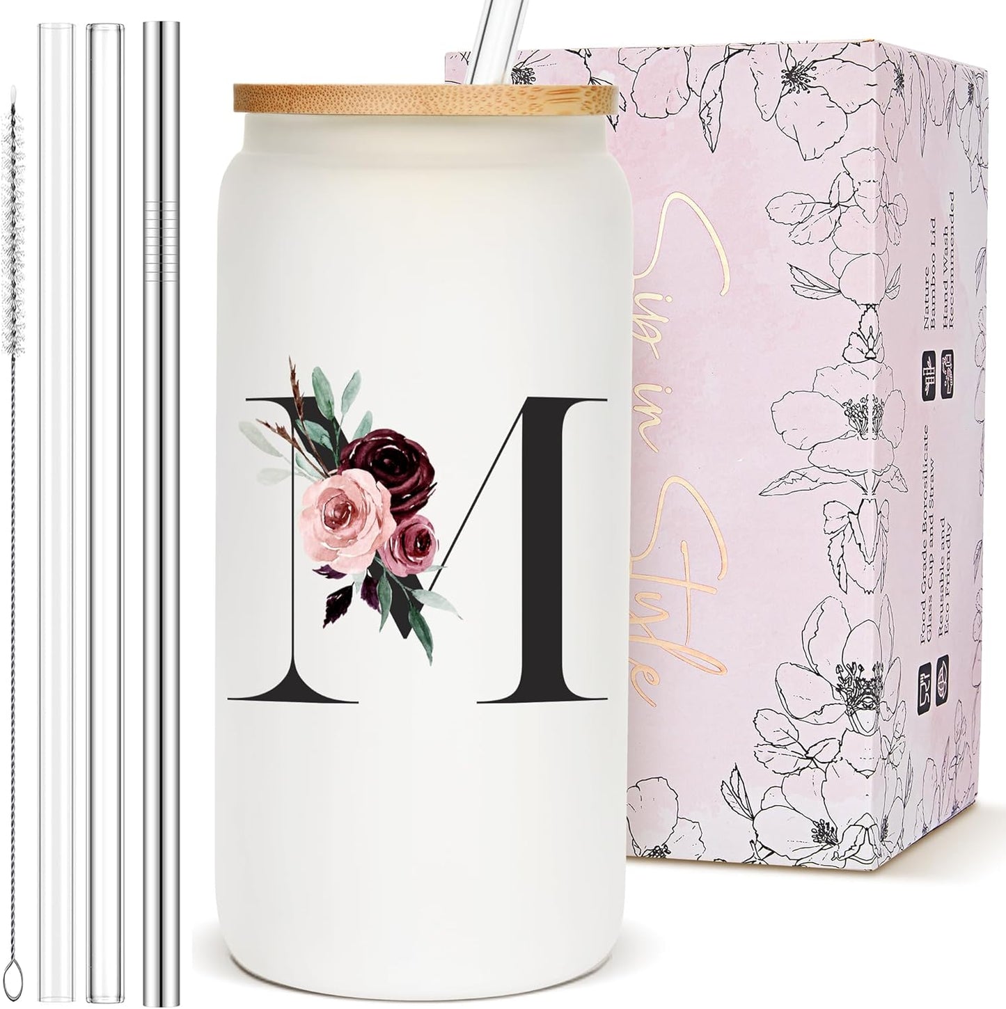 Birthday Gifts for Women, Personalized Customized Cute Glass Cups with Lids and Straws, Initial Drinking Iced Coffee Cup, Custom Letter Mug Tumbler, Monogrammed Gifts for Her Mom Woman Daughter, M