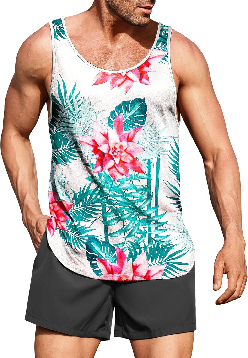 Men's Floral Tank Top Sleeveless Tees All Over Print Casual Sport T-Shirts Hawaii Beach Vacation