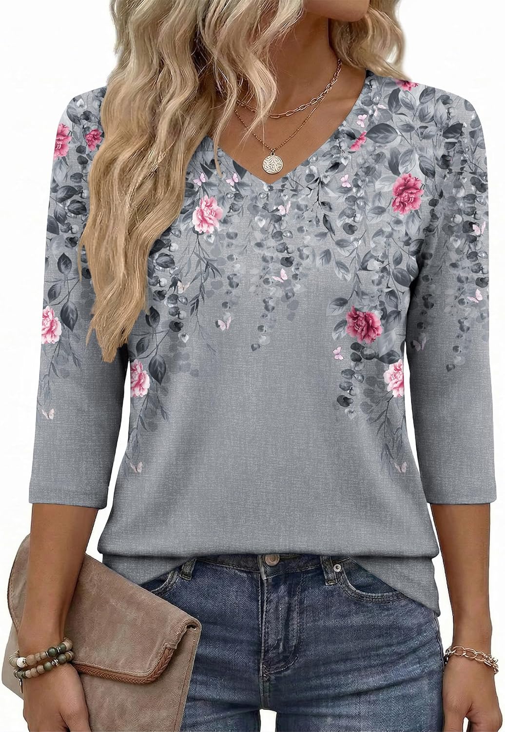 Womens Blouse Casual 3/4 Length Sleeve V Neck Basic T-Shirts Spring Summer Cute Tunic Tops Business Work Tees