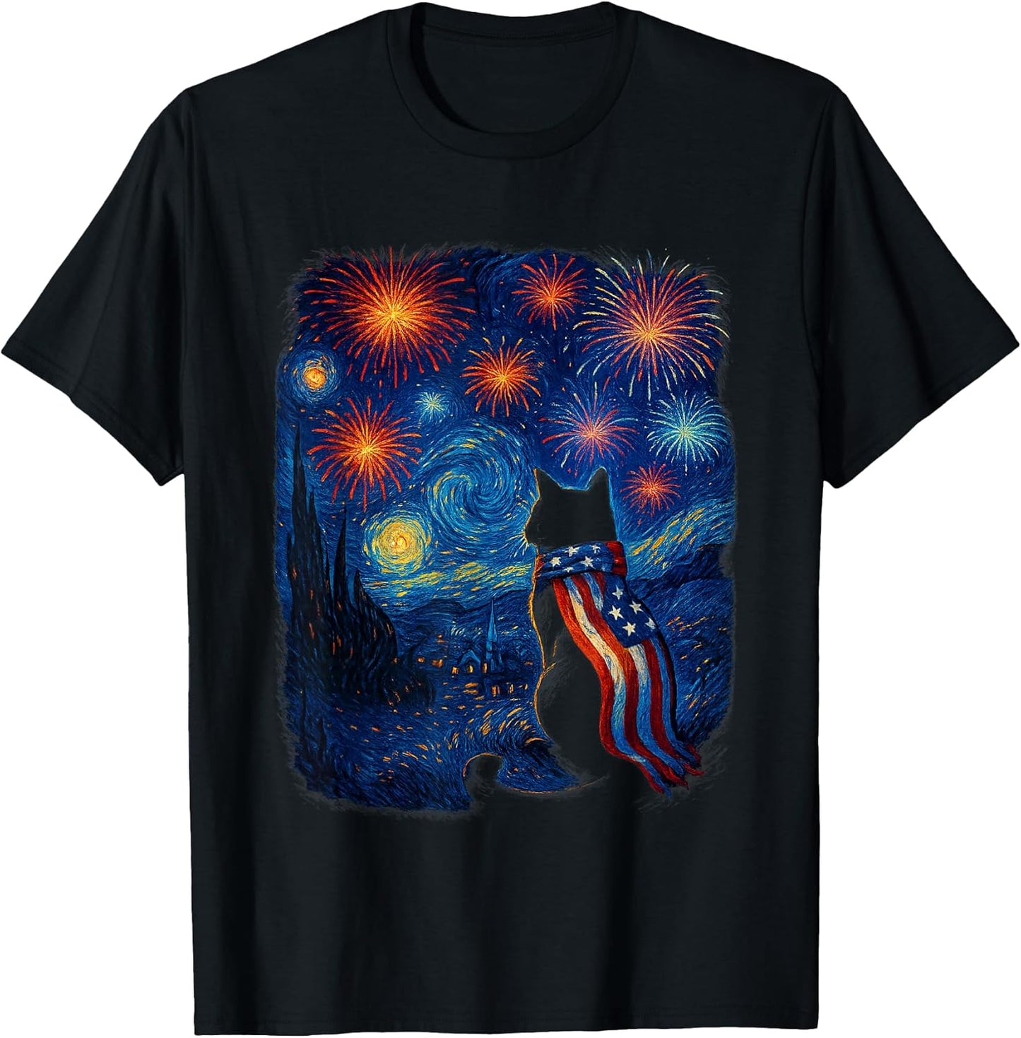 Cat Starry Night Van Gogh 4th of July Patriotic Cat Lover T-Shirt
