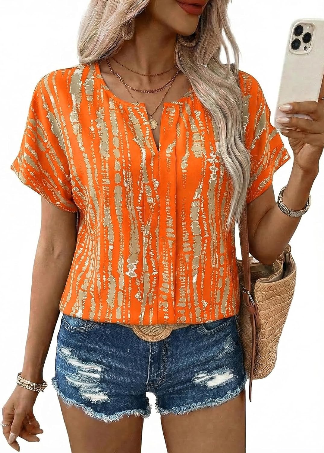 Women's Casual V Neck Floral Print Chiffon Blouses 3/4 Sleeve Boho Summer Tops Shirts