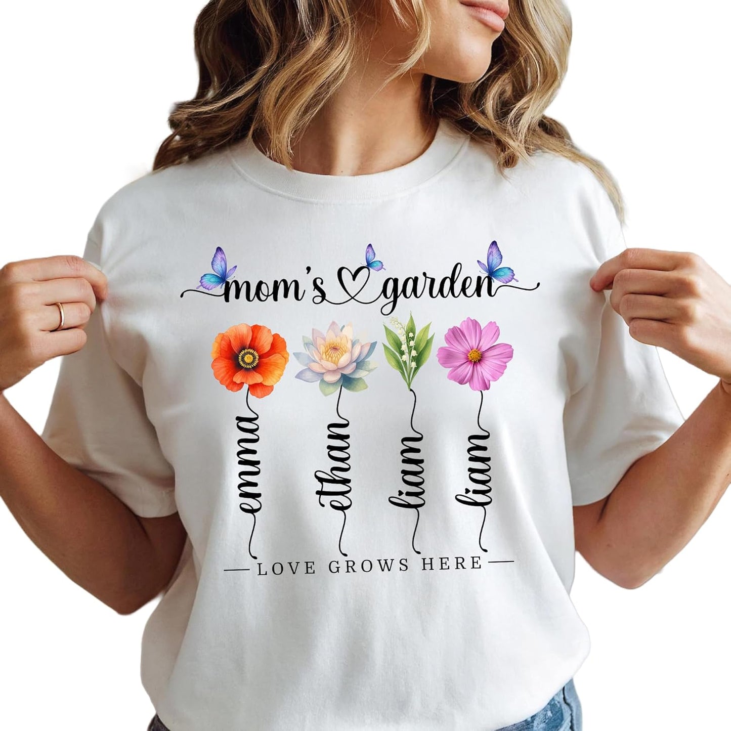Custom Mom or Grandma T-Shirt with Child's Name, Personalized Flower Print Name T-Shirt, for Mom or Grandma, Women, Mammy, Nana, Flowers According to Birth Month