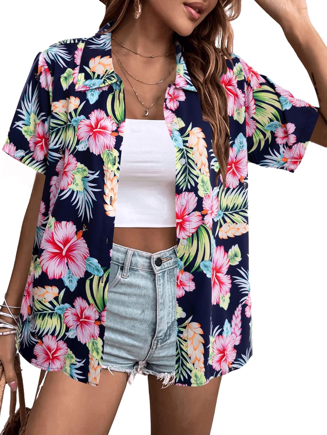 Women Hawaiian Shirt Soft Cool Summer Hawaii Shirts Floral Tropic Print V Neck T-Shirt Short Sleeve Button Up Tops