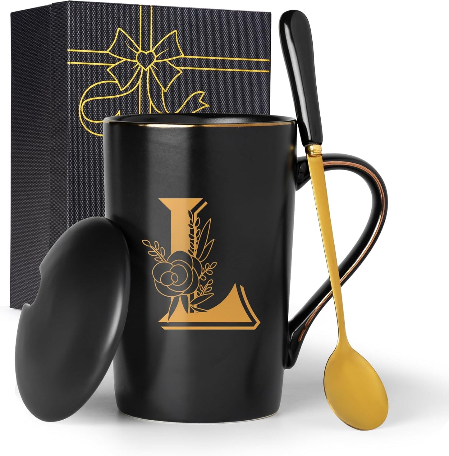 Letter L Personalized Initial Mugs with Flower, Letter L Personalized Coffee Mug, Customized Cool Letters Mugs for Women, Bridal Shower Gifts, Women's Initials Gifts Mug 14 OZ Matte Black