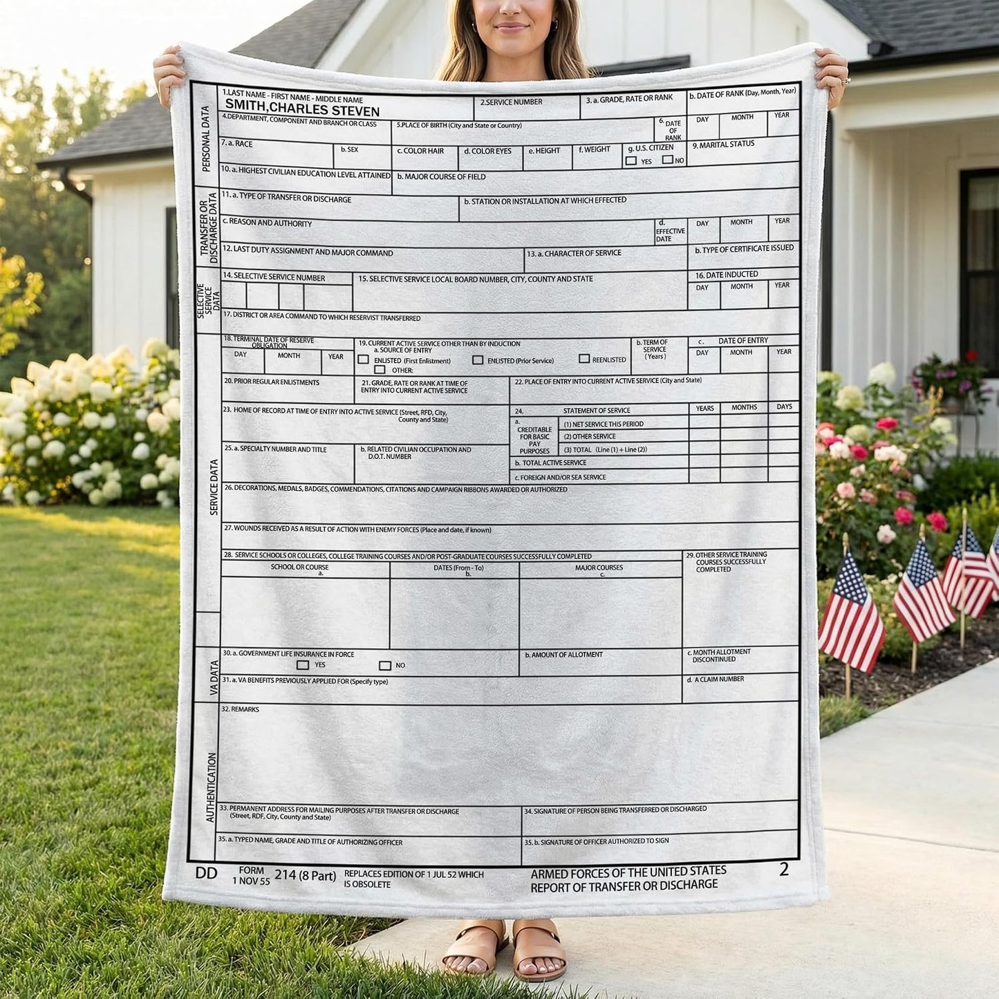 Custom DD-214 Blanket for Veterans - Personalized Military Retirement Fleece Throw with Name Branch Rank Service Year, US Veteran Gifts for Men Women, Veterans Day Tribute