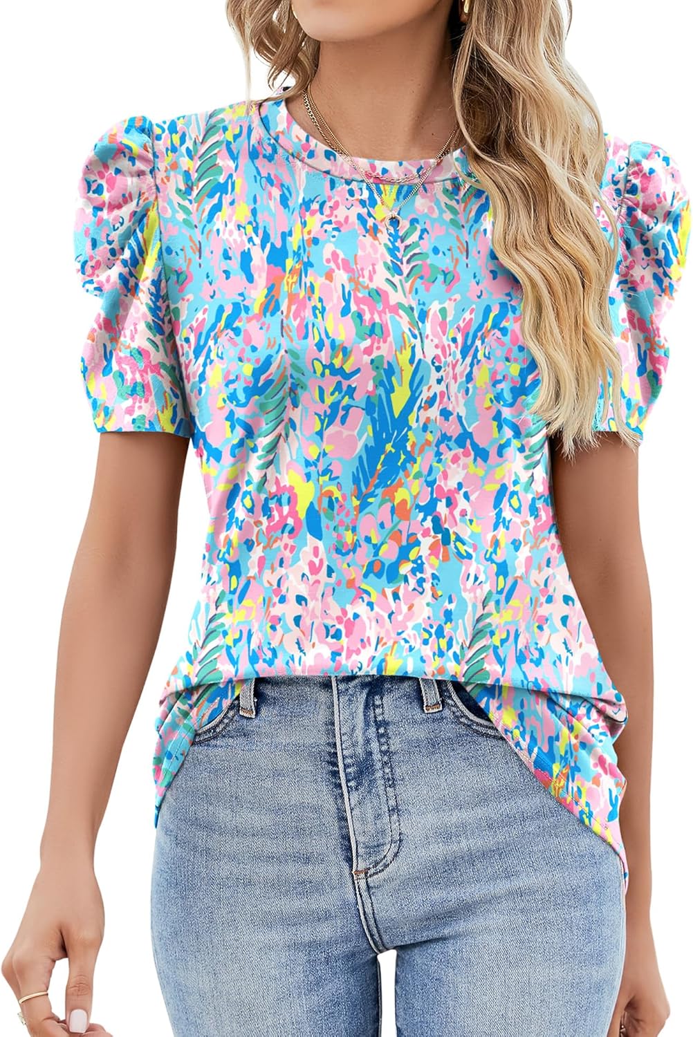 Puff Short Sleeve Shirt for Women Eyelet Tops Summer Crewneck Blouse Loose Fit S-XXL