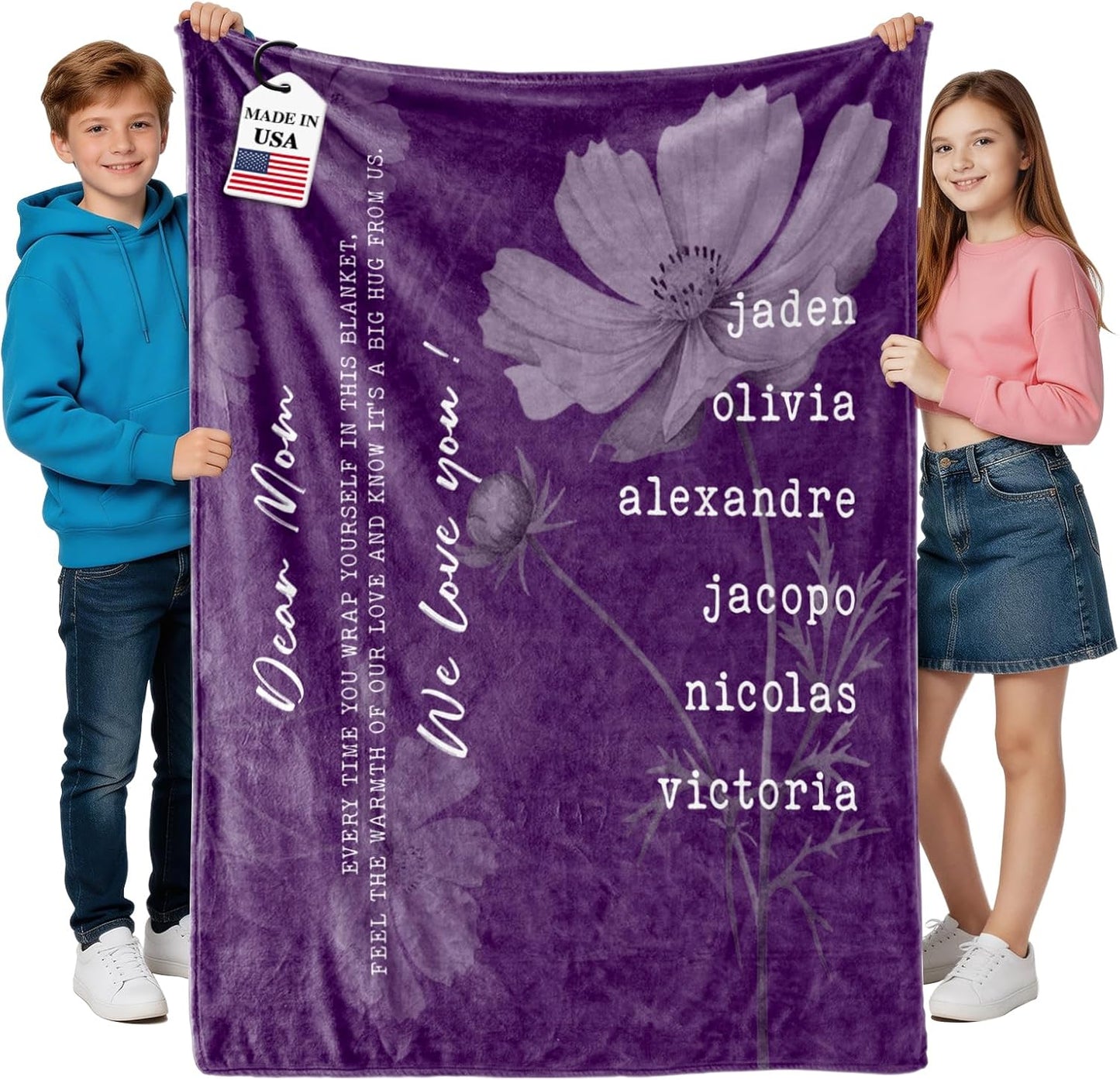 Mothers Day Personalized Gifts for Mom, Custom Mom Blanket with Birth Month Flower and Kids Name, Unique Moms Gifts, Flannel Throw Mothersday Gift for Moms from Daughter Son (Lavender Purple)