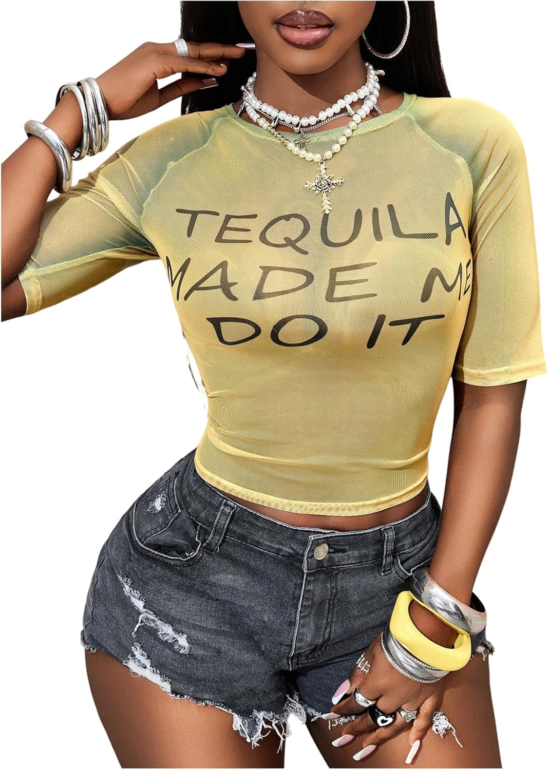 Women's Sheer Mesh Letter Graphic Tees Short Sleeve Crew Neck Y2K Vintage Crop Tops Going Out T Shirt