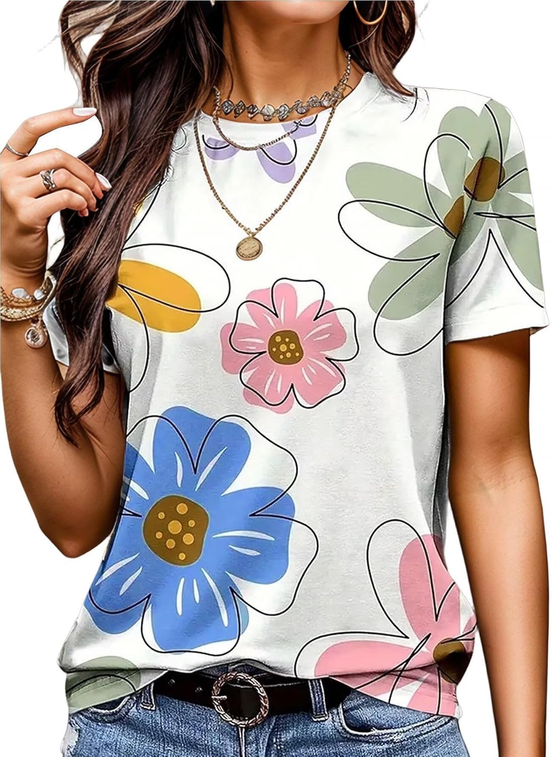 Women's Boho Floral Print Summer Tops 2026 Short Sleeve Round Neck Loose T Shirts Summer Clothes Fashion