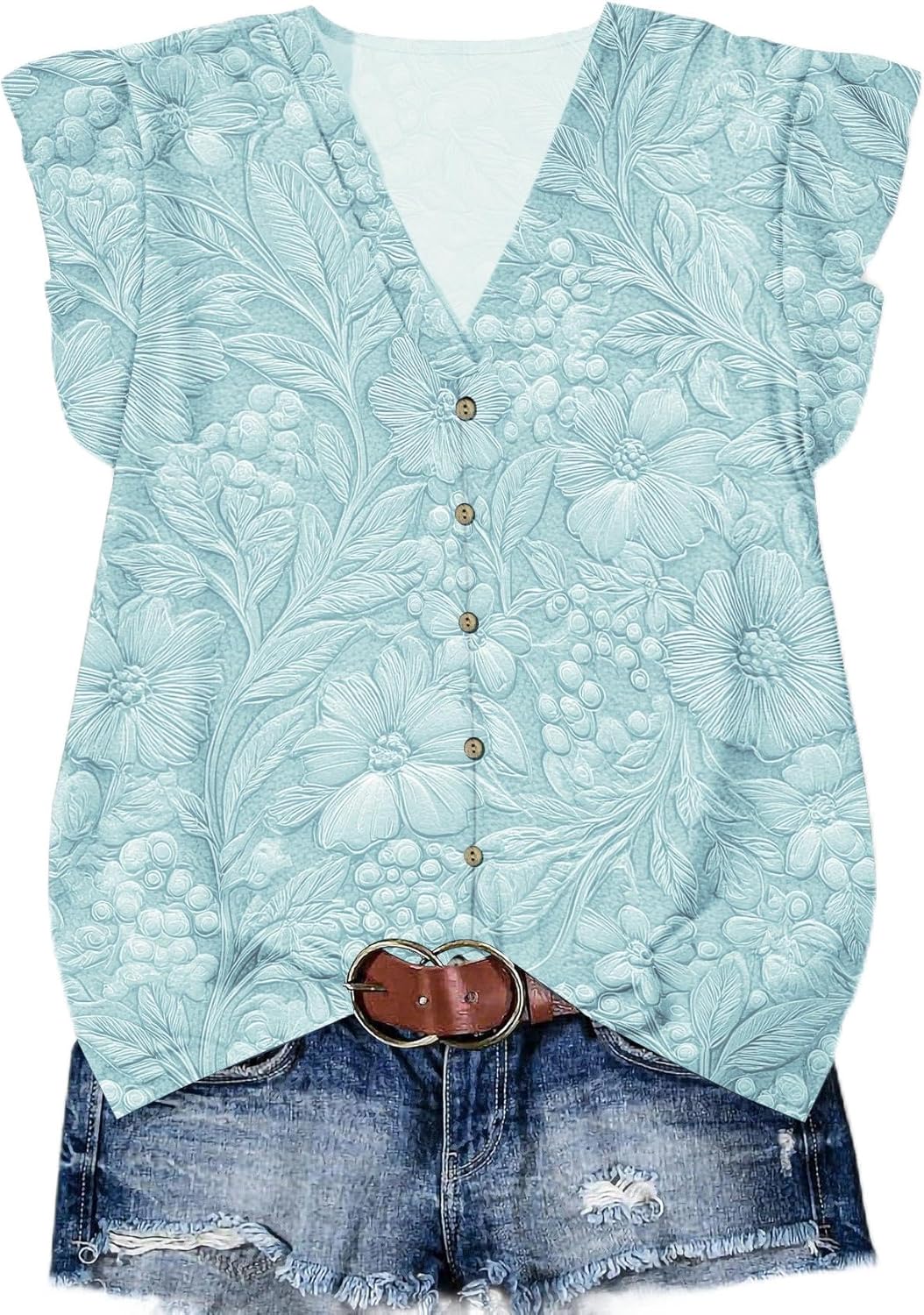 Womens Tops Dressy Casual Summer Floral V Neck T-Shirts Ruffle Short Sleeve Tunic Blouses