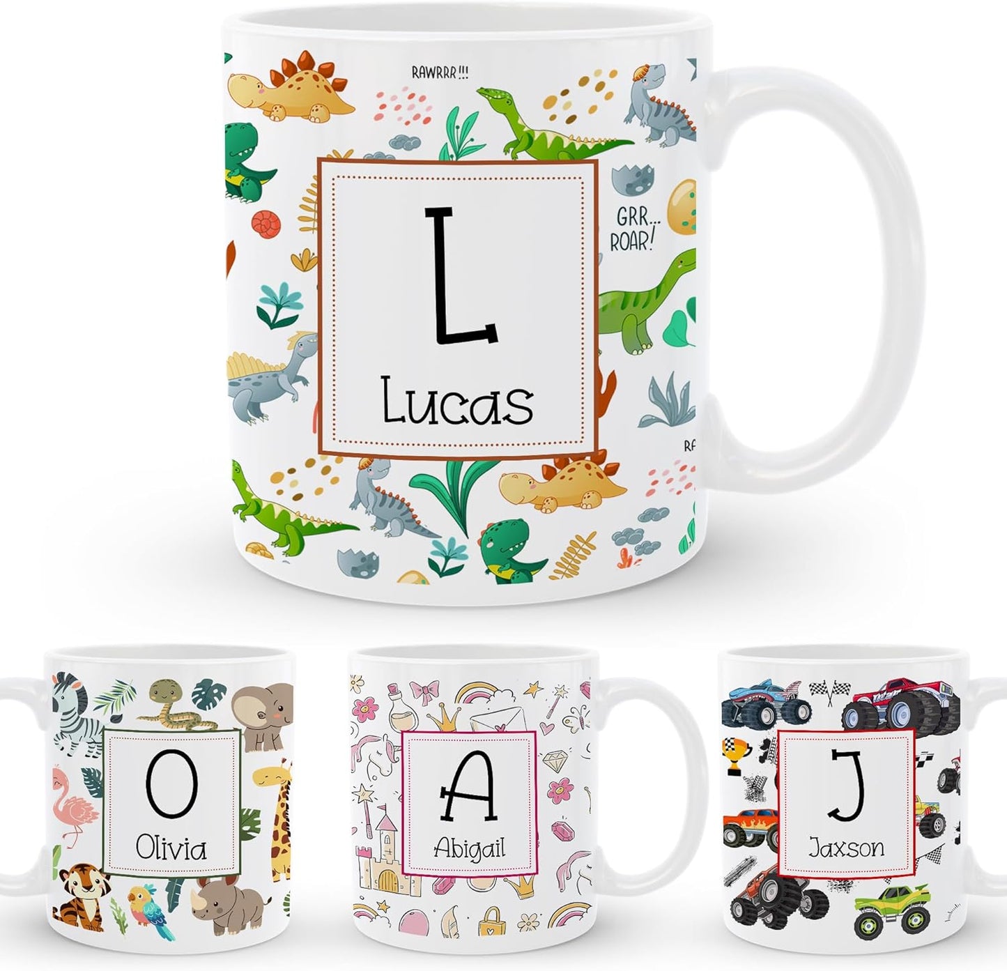 Personalized Kids Coffee Mug with Name & Initial | 11 oz Custom Ceramic Mug with Handle for Boys & Girls | Hot Chocolate, Cocoa, Milk, Tea Drinking Cup | Gift for Children Toddlers | White