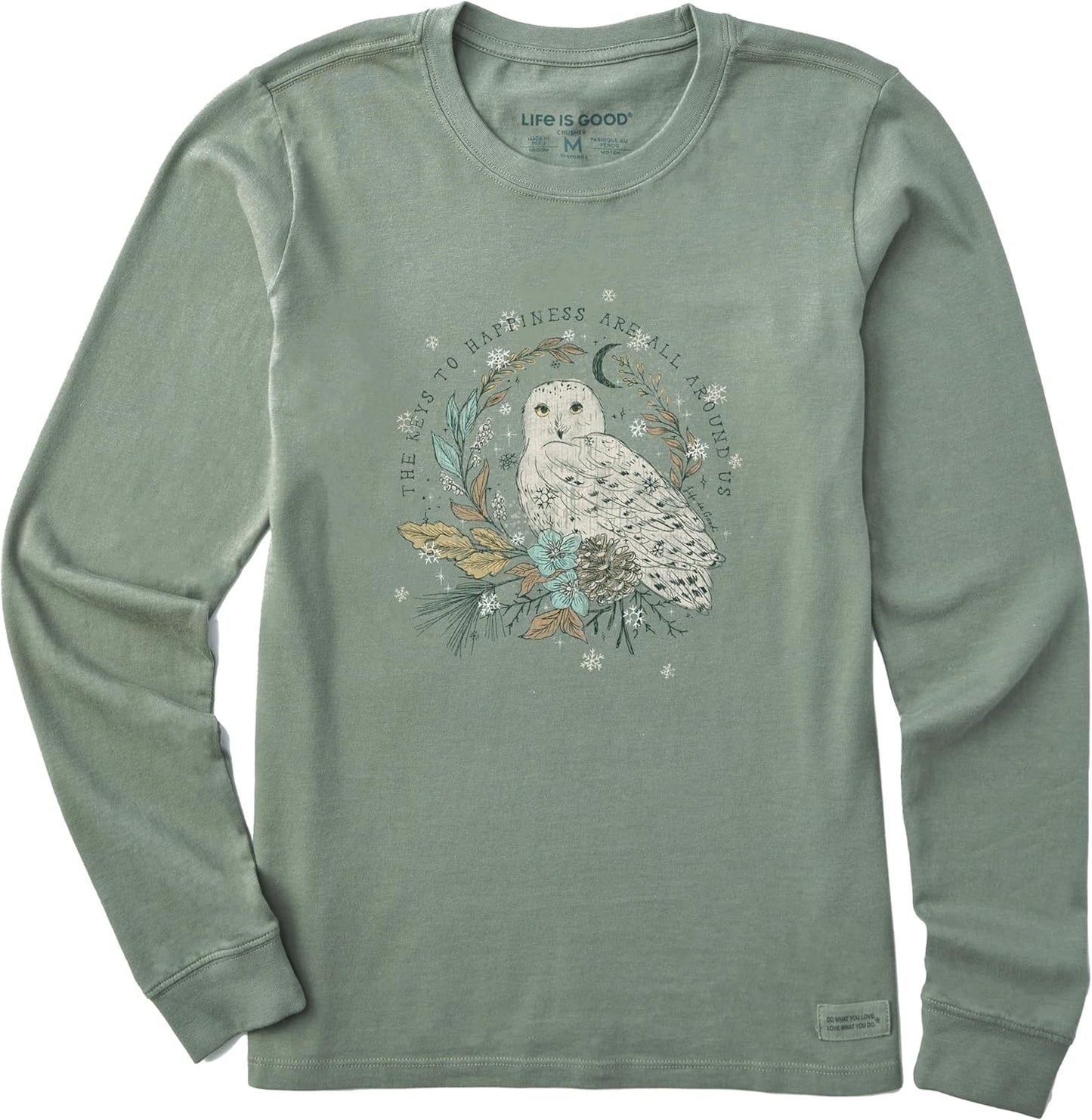 Women's Crusher Tee Shirt, Long Sleeve Cotton Graphic T-Shirts, Key to Happiness Snowy Owl