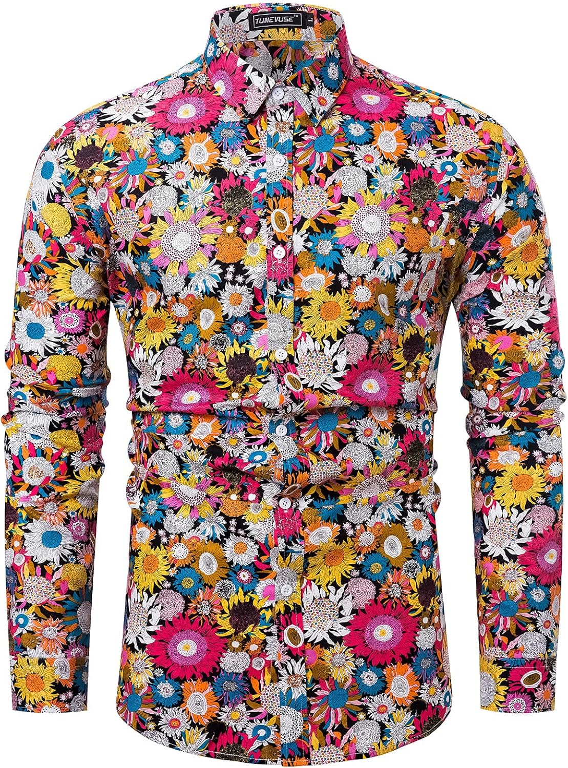 Men Floral Dress Shirts Long Sleeve Casual Button Down Flower Printed Shirts 100% Cotton