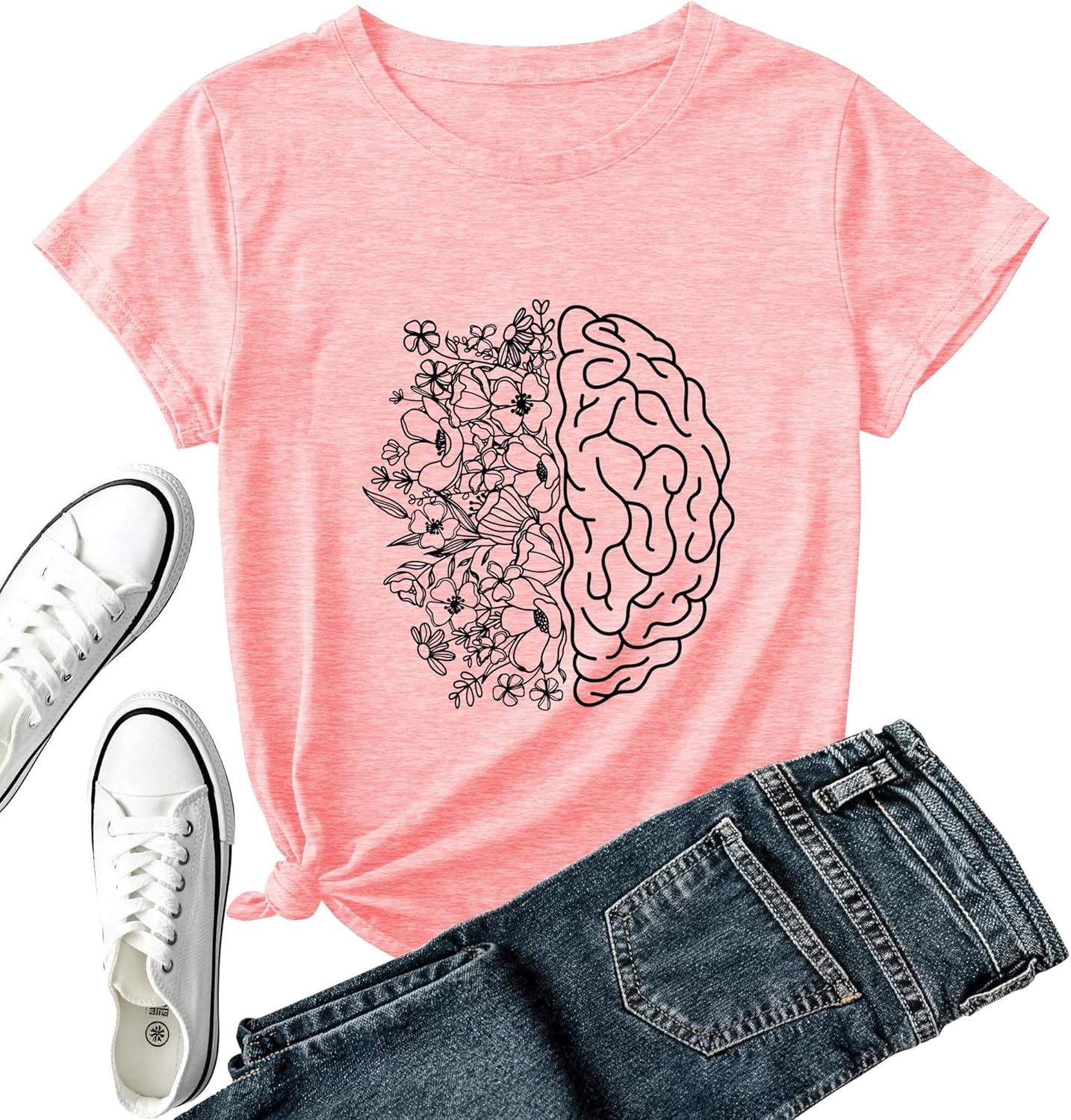 Mental Health Awareness Shirt Women-Brain Flower Tshirt Women Neuro Diversity Tee Tops Motivational Short Sleeve