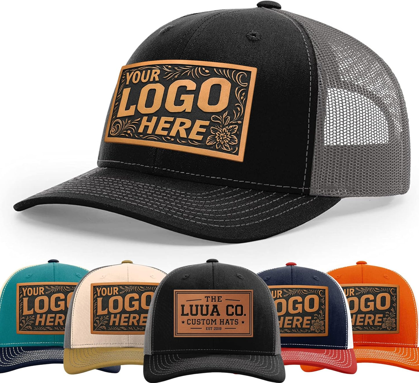 Richardson 112 Custom Leather Patch Hat - Personalized Engraved Logo or Text - Snapback Trucker Cap for Men & Women