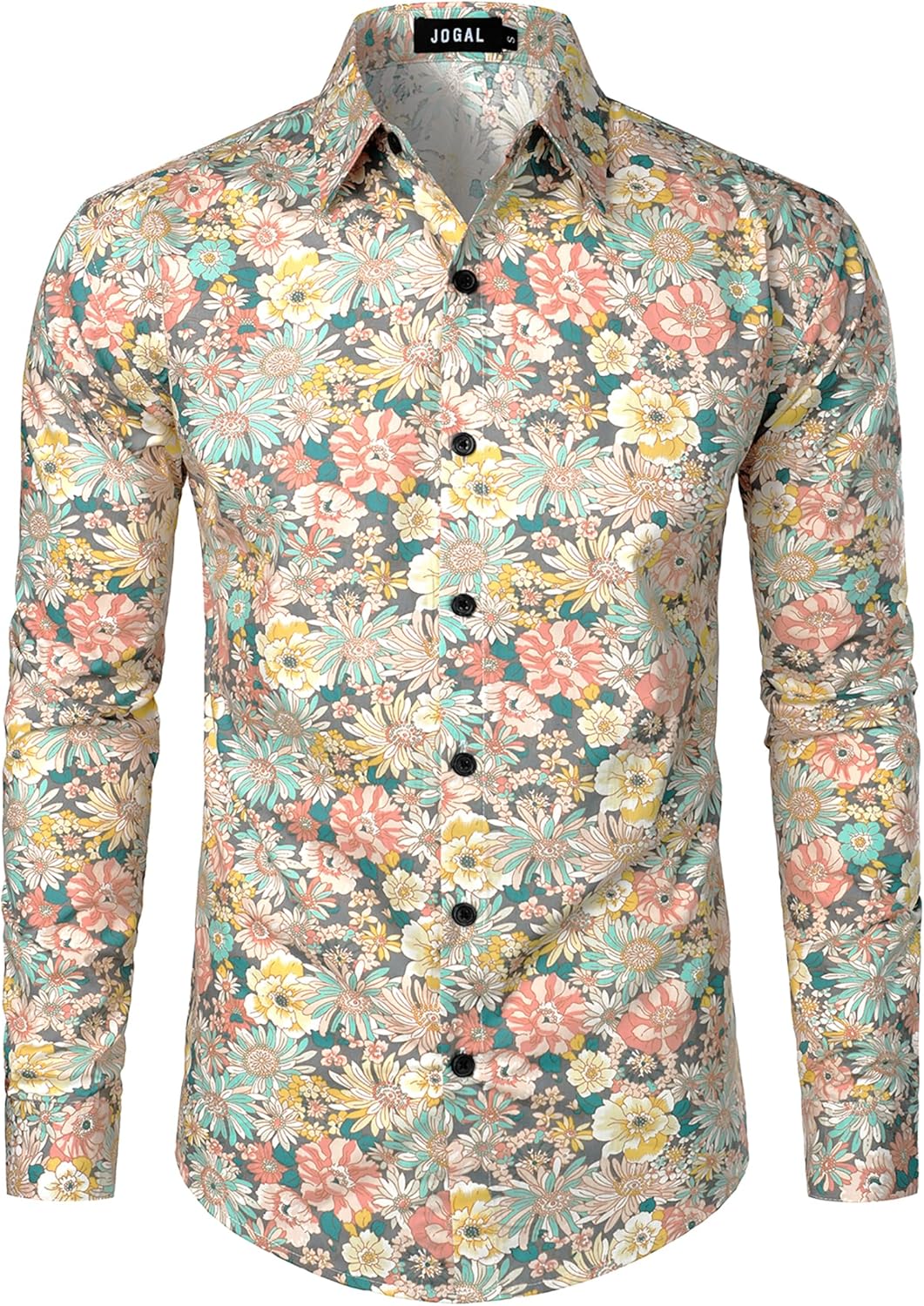 Mens 70s Floral Dress Shirt Long Sleeve Printed Casual Button Down Shirts