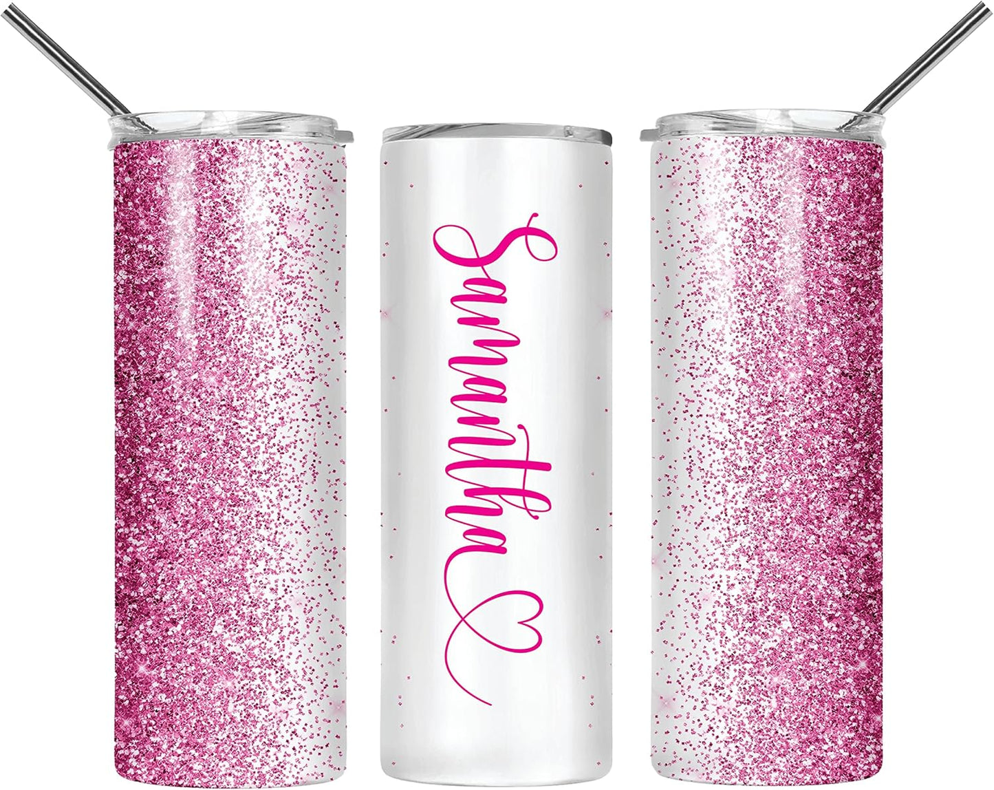 Personalized Tumbler with lid and straw | 20oz Stainless Steel Insulated | Custom Gifts | Double Wall Coffee Cups for Hot, Cold Drinks | Pink tumblers Glitter effect with Name | 20oz Cup