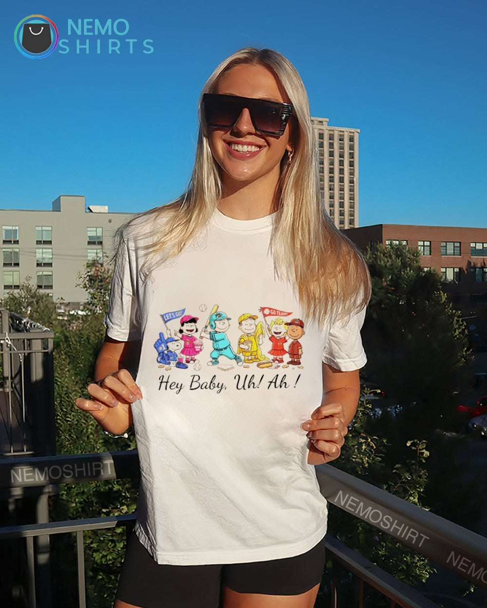 Peanuts characters hey baby uh ah playing baseball cartoon shirt
