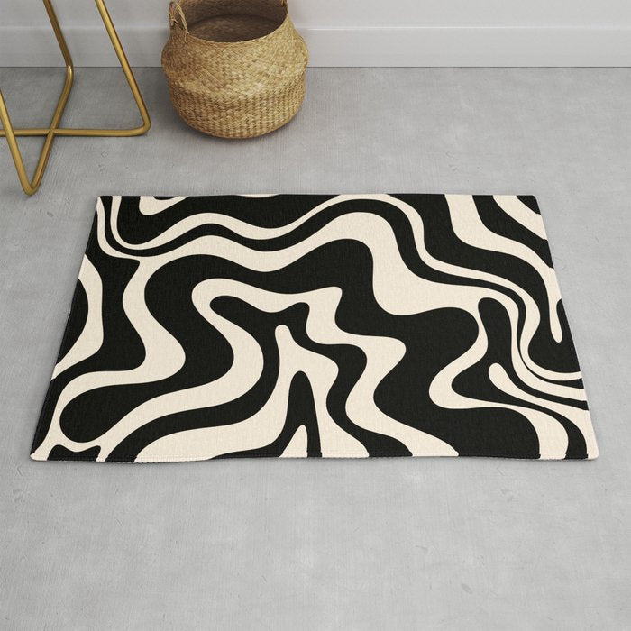 Retro Liquid Swirl Abstract in Black and Almond Cream Rug Gallery Image 1