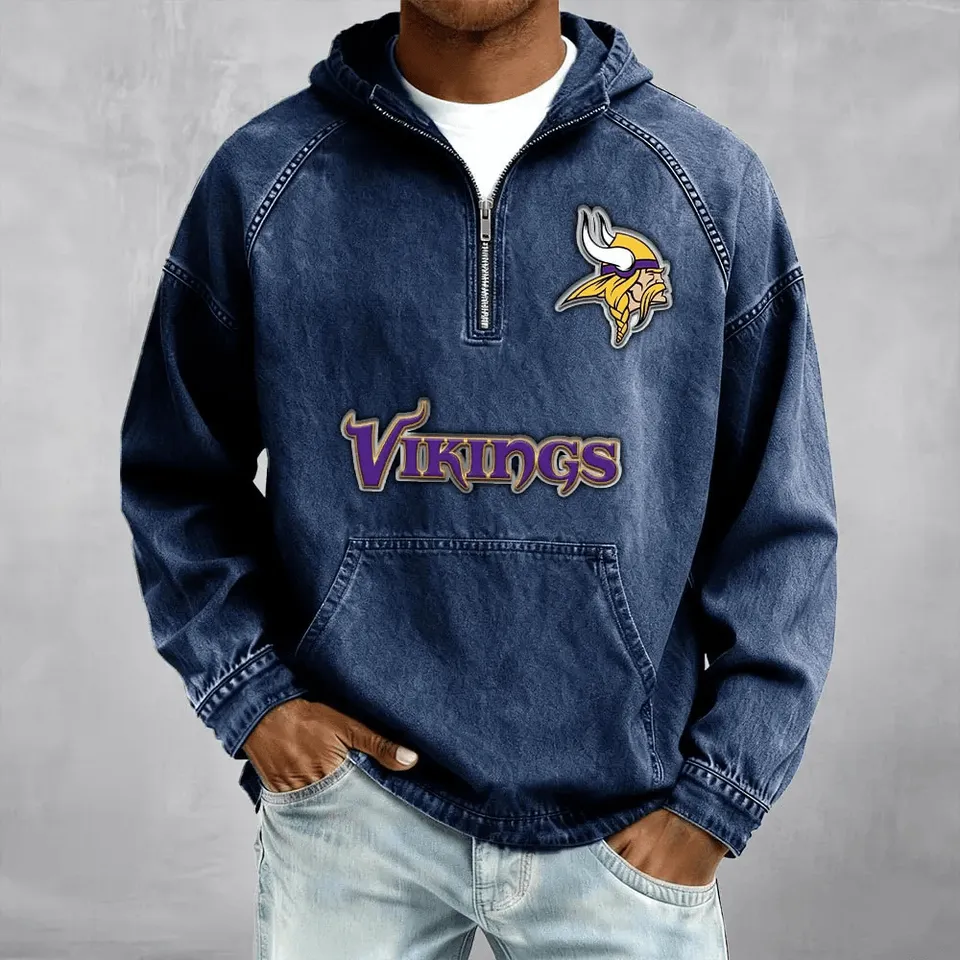 Minnesota Vikings Half-Zip Denim Hoodies For Fan
