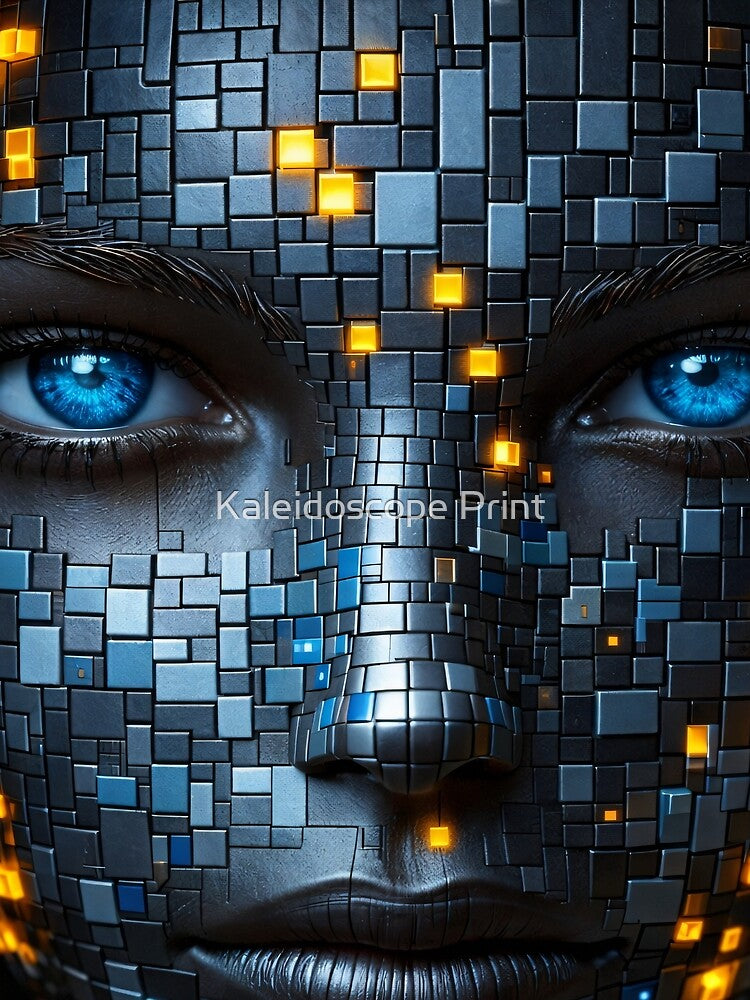 Cyberpunk AI Face Portrait – Blue Eyes Tech Mosaic with Glowing Neon Pixels by Kaleidoscope Print