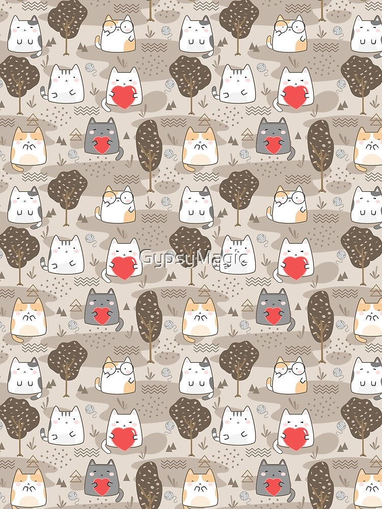 Kawaii Cute Cat Pattern, Kawaii Kitties Wearing Eyeglasses and Holding Red Hearts to Show Some Love by GypsyMagic