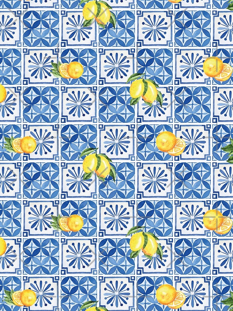 Mediterranean Tile & Lemon Pattern – Blue & White Coastal Design by Soronelite