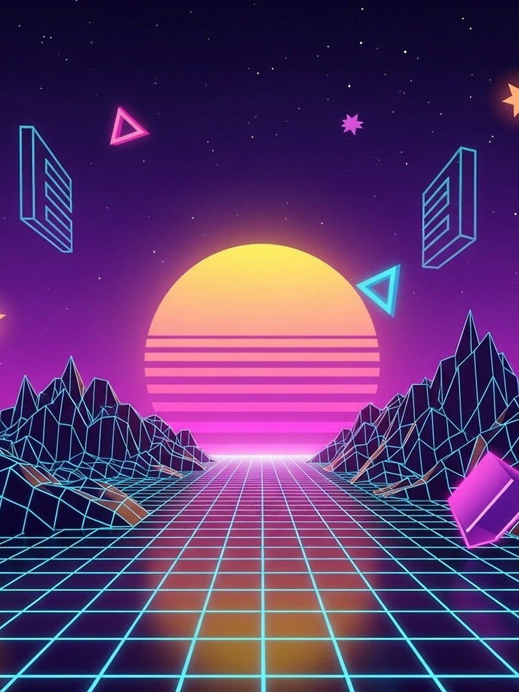 Neon Retro Arcade Landscape | 80s Synthwave Pixel Art Sunset by Ksk-Studio-Co