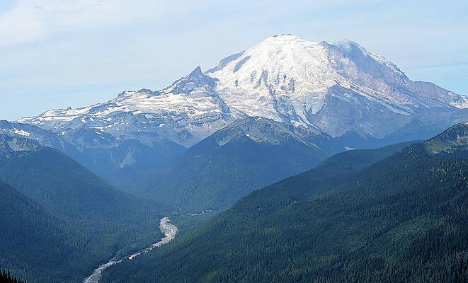 Mt Rainier With River Through The Cascade Mountain Range In Washington State Print