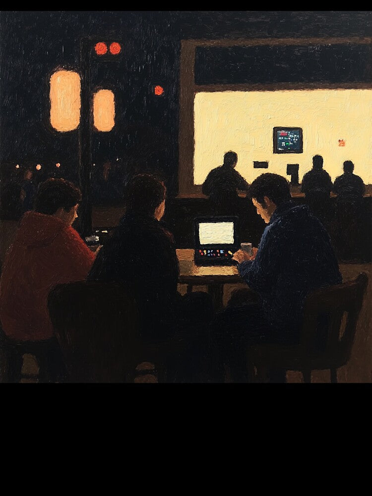 Gaming cafe | Post-impressionist painting style by ComicsFactory